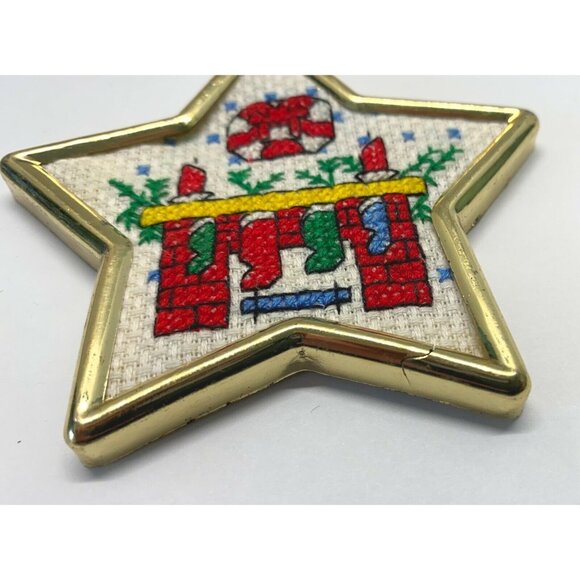 Vintage Cross Stitch Christmas Eve Tree Ornament Star Shaped Gold Tone Stockings - Picture 7 of 7